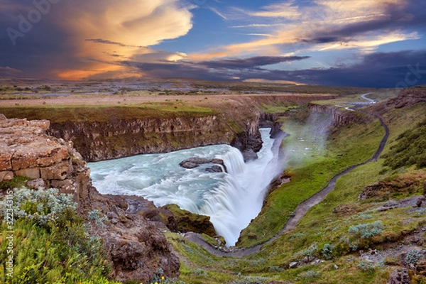 Obraz Panoramic view on Gullfoss waterfall on the Hvíta river, a popular tourist attraction and part of the Golden Circle Tourist Route in Southwest Iceland. Golden Waterfall. Travelling concept background.