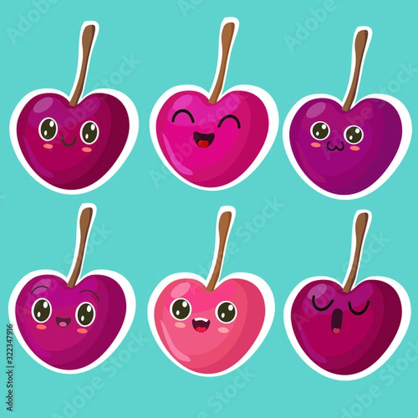 Obraz set of illustrations with a cute cherry, different emotions, characters in cartoon style, on a blue background. can be used as stickers. cute fruits