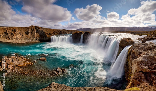 Obraz Panorama of most famous place of Golden Ring Of Iceland. Godafoss waterfall near Akureyri in the Icelandic highlands, Europe. Popular tourist attraction. Travelling concept background. Postcard.