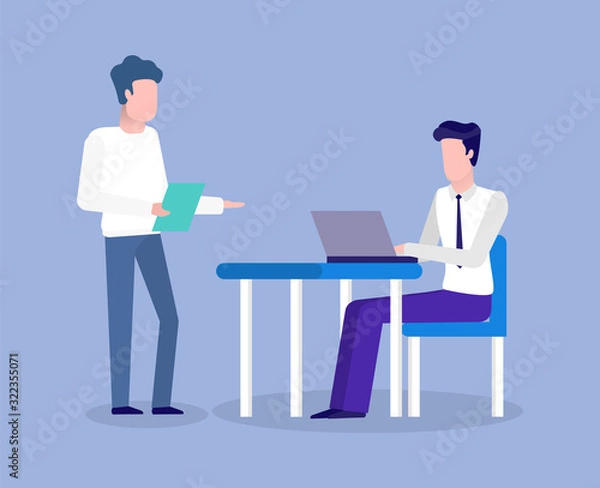 Fototapeta Worker using laptop at table, manager discussing, teamwork communication with computer, portrait view of employee characters working with device vector