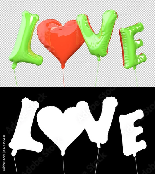 Fototapeta Text love in the form of a balloon heart flying inscription with an alpha channel