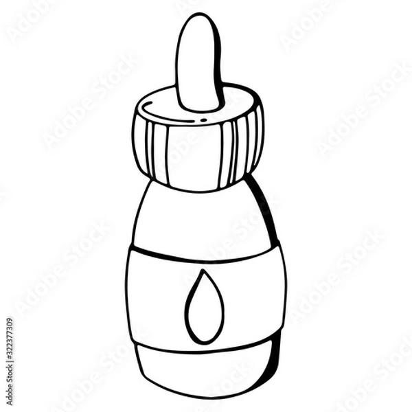 Fototapeta Digital illustration of a beauty doodle line jar with a dropper and a droplet. Print for packaging, banners, cards, fabrics, wrapping paper, branding, advertising.