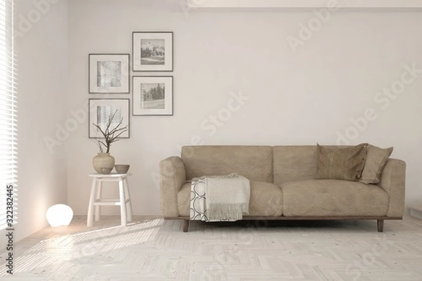 Fototapeta Stylish room in white color with sofa. Scandinavian interior design. 3D illustration