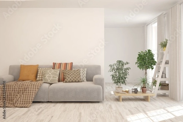 Fototapeta Stylish room in white color with sofa. Scandinavian interior design. 3D illustration