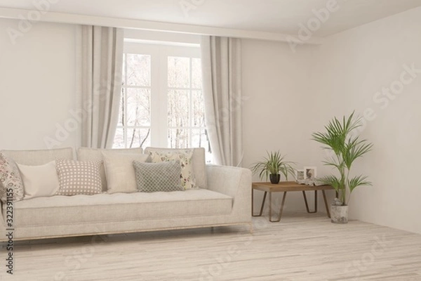 Fototapeta Stylish room in white color with sofa. Scandinavian interior design. 3D illustration