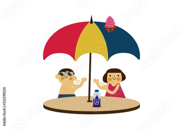 Fototapeta  日焼け止めを塗る男の子と女の子。 夏のイラストレーション。