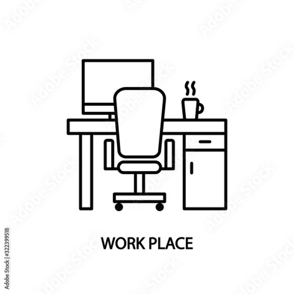 Fototapeta Work place line icon. Desk with computer and a cup of coffee. Concept for web banners and printed materials