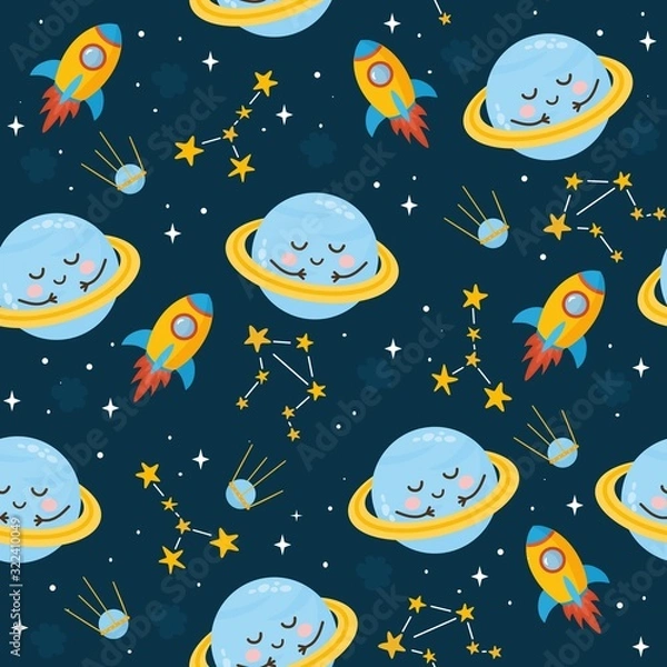 Fototapeta Space seamless pattern. Kids illustration with different elements of space. Cute planets, stars, constellation, rocket, Milky Way. Outer space.