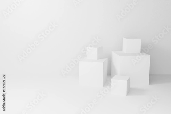 Fototapeta Abstract white cube isolated on gray wall background with geometric shape. 3d render design for display product and banner on website. Blank 3d box mockup with podium. Empty showcase for advertising.