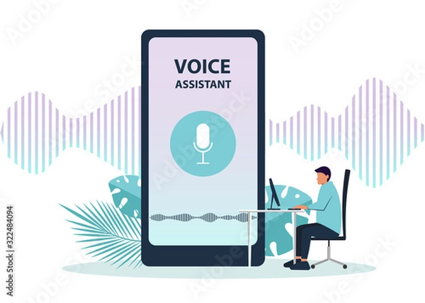 Fototapeta Male character using voice control for his phone. Isolated vector illustration of voice remote with character and phone.