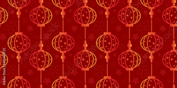Fototapeta Chinese lanterns with small flowers on red background vector illustration seamless pattern