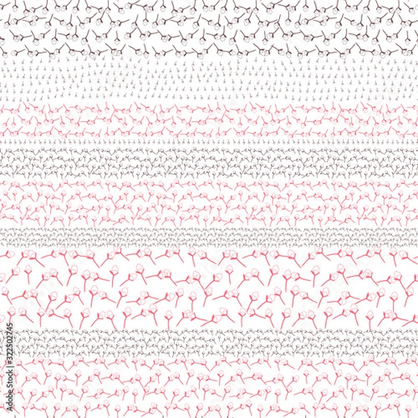 Fototapeta Apple or cherry tree flowers and leaves. Vector seamless pattern with stylized hand drawn florals in rows .
