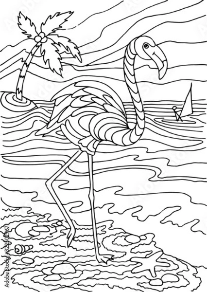 Fototapeta Flamingo by the sea coloring page for kids made in a stylized linear form on a white background vector