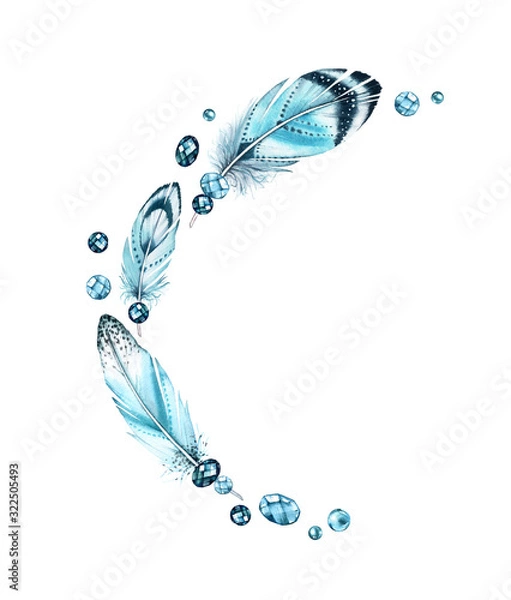 Fototapeta Watercolor feathers with gemstones. Banner with flying feathers. Vibrant turquoise wings and jewel stones. Boho style painting with place for text