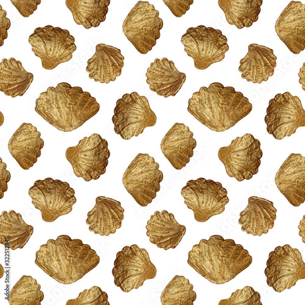 Obraz Seashells gold seamless pattern. Hand painting golden shells background.