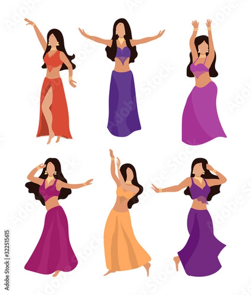 Fototapeta Set of beautiful oriental women in traditional clothes. Girls in costumes for belly dancing in different poses in a flat style. The dancers in the bedle. A bodice and a wide skirt with a slit
