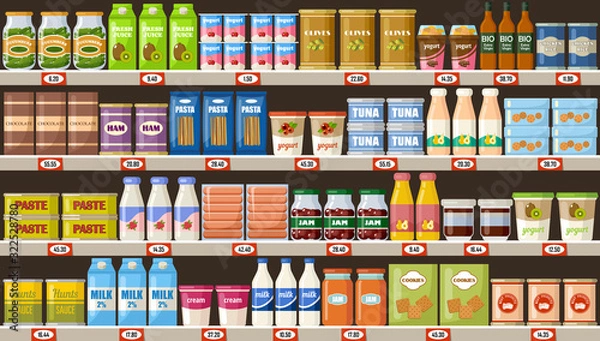Fototapeta Supermarket, shelves with products and drinks