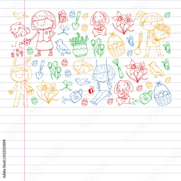 Fototapeta Vector pattern with easter and spring elements. Eggs in basket, bunny, flowers, birds