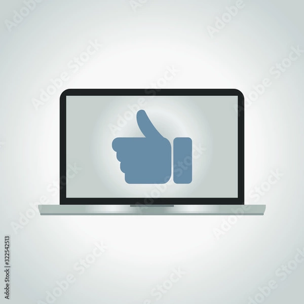 Fototapeta Icon of a hand with the extended finger ok on the screen of a gray laptop.