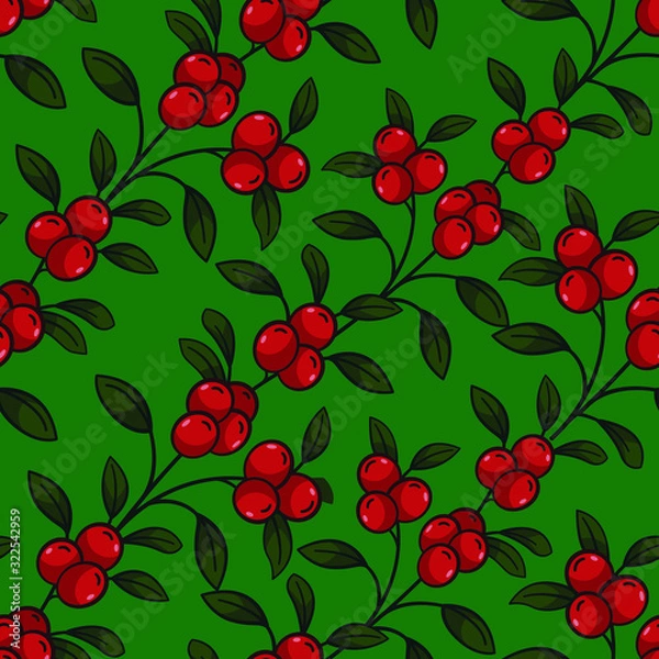 Fototapeta Vector seamless pattern with diagonal lingonberry twigs on green background; natural design for fabric, wallpaper, packages, wrapping paper, textile, web design.