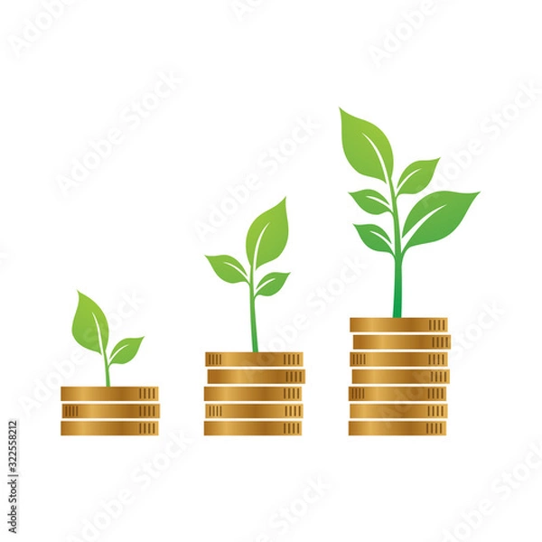 Fototapeta Money stack with plant growing step on coins. Finance and Accounting flat vector icon for apps and websites