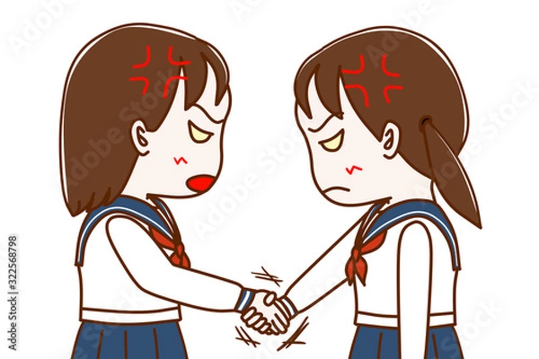 Fototapeta 握手をしながら睨みあう女子学生２人