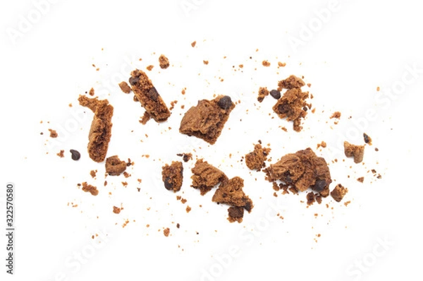 Obraz Cookies broken and crumbs of chocolate chip flavored isolated on white background.