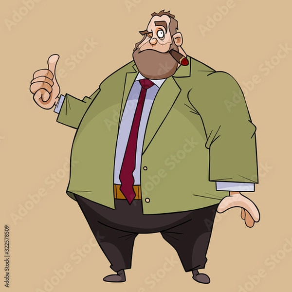 Fototapeta cartoon fat man in a suit and a cigar in his mouth showing thumbs up