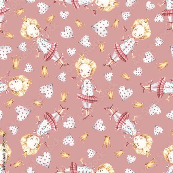 Fototapeta Watercolor cute nursery naive hand painted seamless pattern with princess hearts crown. Childish Handpainted print on dusty pink background. Watercolour Art for kids fabric wallpaper baby shower invit
