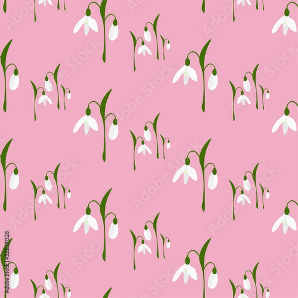 Obraz Flat seamless floral pattern in vector. Spring snowdrops Isolated on pink background.