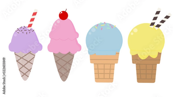 Fototapeta Ice-cream with topping set of colorful icon on white background. Flavor of strawberry, vanilla, mint and blueberry in cone. Vector illustration in flat design.
