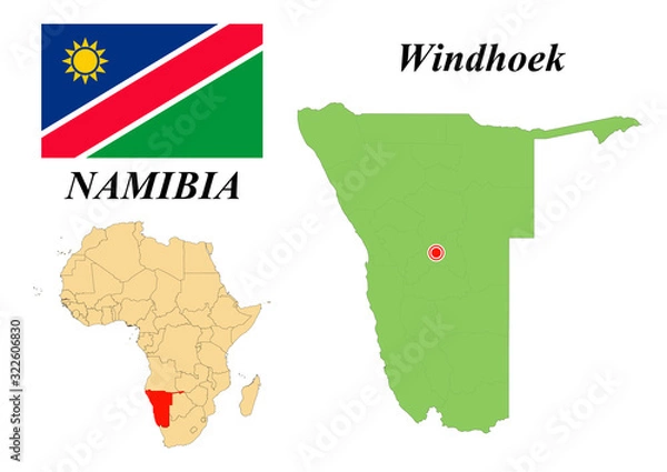 Fototapeta Republic of Namibia. Capital of Windhoek. Flag of Namibia. Map of the continent of Africa with country borders. Vector graphics.