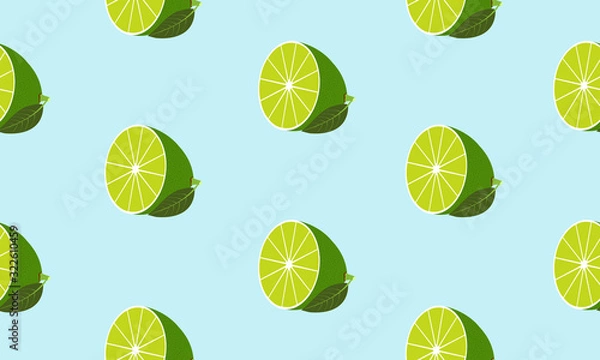 Fototapeta Seamless blue background with halves lime with leaf. Vector fruit design for pattern or template.