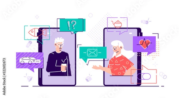 Fototapeta Couple man  woman communication using smart phone