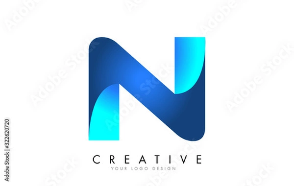 Fototapeta N Letter Logo Design with 3D and Ribbon Effect and Blue Gradient.