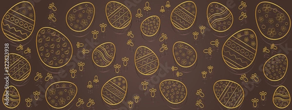 Obraz Hand drawn golden Easter eggs on a brown background. Happy Easter Day
