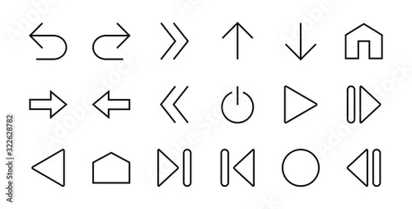 Obraz Set of line arrows, directions, arrows, contains icons such as pause, continuation, directly, to the right, Editable stroke. 480x480, On a white background, Vector illustration.