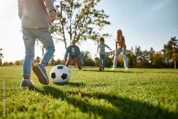 Obraz Are You Ready for Some Football. Happy family playing with a ball on meadow