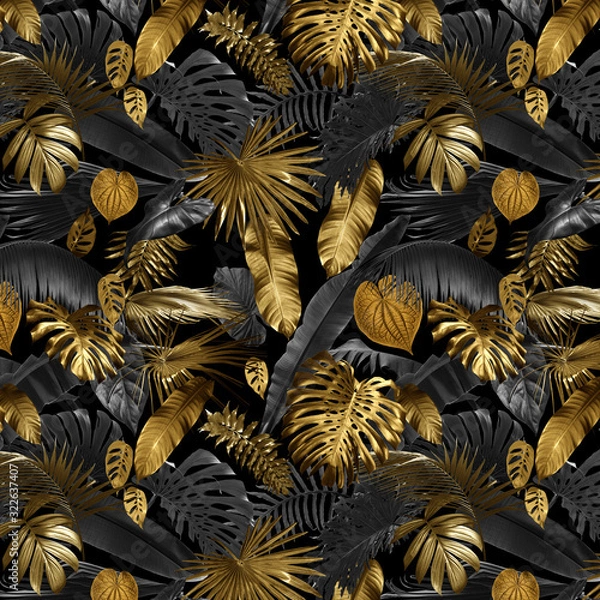 Fototapeta Seamless pattern with tropical leaves in gold color and black, can be used as background wallpaper