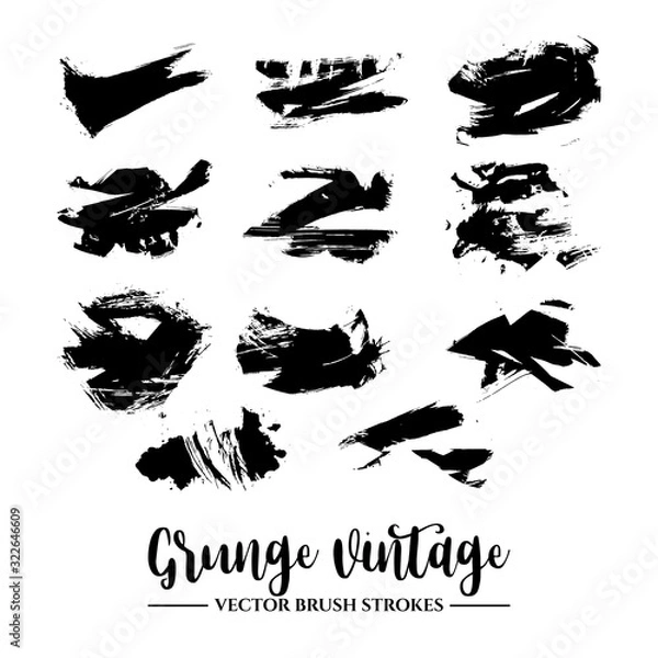 Fototapeta Set of black brush stroke and texture. Grunge vector abstract hand - painted element. Underline and border.