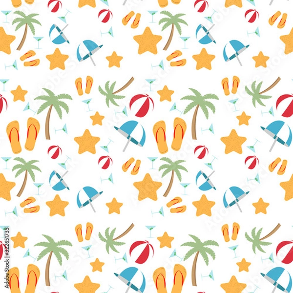 Obraz Summer putter. Colorful pattern for textile or background. Summer holiday concept on the beach, palms, slippers, balls and cocktails. Vector