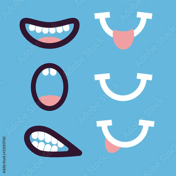 Obraz Funny variety of mouths. Cartoon mouths with teeth, tongue. A set of different emotions. Flat style. Vector