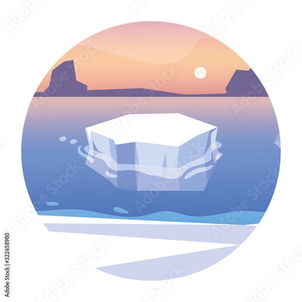 Fototapeta iceberg floating in blue ocean with sun in the sky