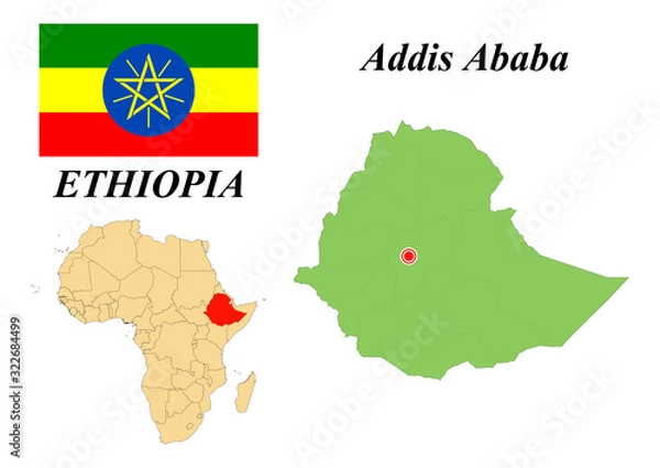 Fototapeta Federal Democratic Republic Of Ethiopia. The Capital Is Addis Ababa. Flag of Ethiopia. Map of the continent of Africa with country borders. Vector graphics.