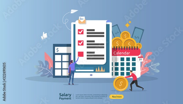 Fototapeta Payroll income concept. salary payment annual bonus. payout with paper, calculator, and people character. web landing page template, banner, presentation, social, and print media. Vector illustration