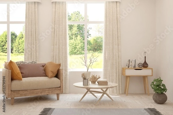 Fototapeta Mock up of stylish room in white color with armchair and green landscape in window. Scandinavian interior design. 3D illustration