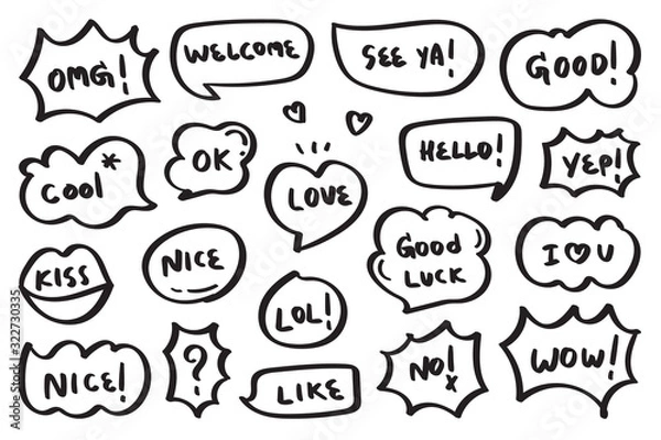 Fototapeta Hand drawn set of speech bubbles with dialog word. Vector illustration.