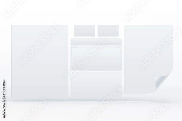 Fototapeta Blank Corporate Stationery Set soaring in the air isolated on white. Mockup template for branding identity for graphic designers presentations and portfolios. 3d render.
