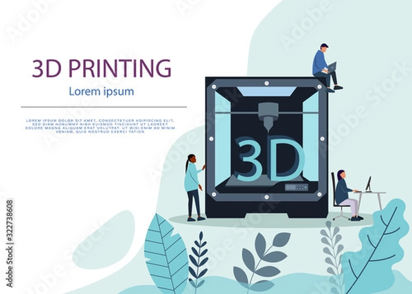 Obraz Industrial 3D printer prints a house concept. File contains transparent objects. 3d Printing or Additive Manufacturing Technology Website Landing Page. Developer Engineer Stand at 3d Printer. Vector
