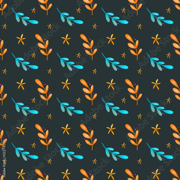 Fototapeta Digital bright colorful illustration seamless pattern of turquoise orange twigs with leaves on a dark background. Print for banners, posters, cards, invitations, fabrics, wrapping paper.